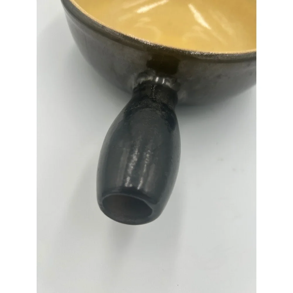 Vintage Brown Ceramic Fondue Pot Skillet Cream Interior Stoneware MCM 7.5 Inch